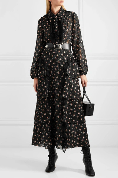 Shop Anna Sui Lace-trimmed Tiered Floral-print Devoré-georgette Skirt In Black