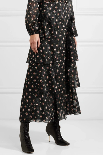 Shop Anna Sui Lace-trimmed Tiered Floral-print Devoré-georgette Skirt In Black