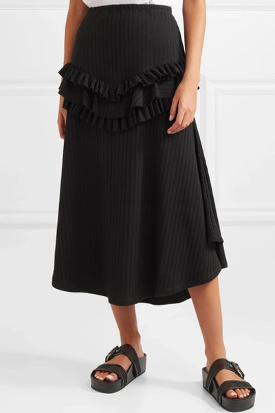 Shop Maggie Marilyn Can You Spot Me Ruffled Ribbed-knit Midi Skirt In Black