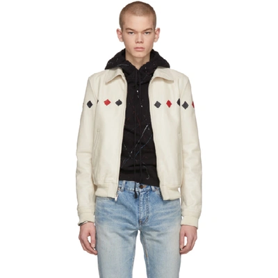 Shop Saint Laurent White Leather Bomber Jacket