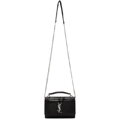 Shop Saint Laurent Black Croc Sunset Monogramme Chain Bag In 1000 Black