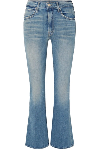Shop Mother Desperado Distressed High-rise Flared Jeans In Mid Denim