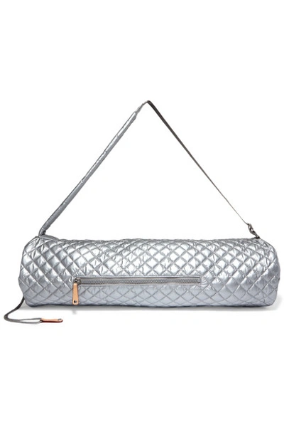 Shop Mz Wallace Leather-trimmed Metallic Quilted Shell Yoga Mat Bag In Silver