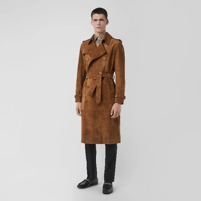 Shop Burberry Suede Trench Coat In Sepia Brown