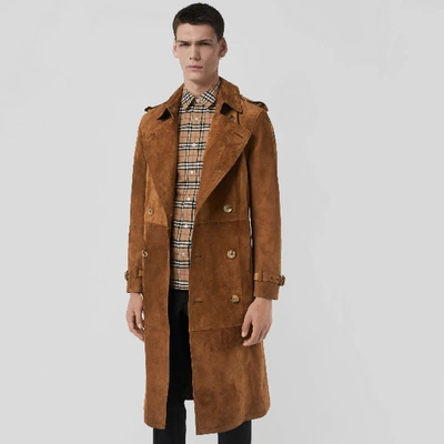 Shop Burberry Suede Trench Coat In Sepia Brown