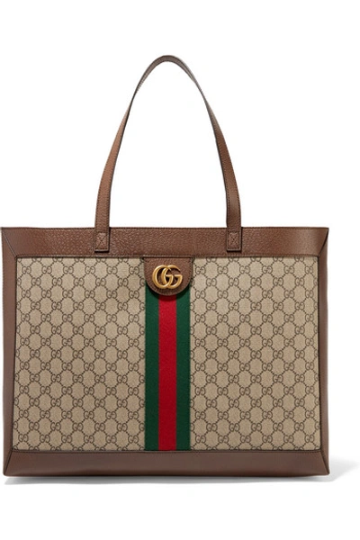 Shop Gucci Ophidia Textured Leather-trimmed Printed Coated-canvas Tote In Beige