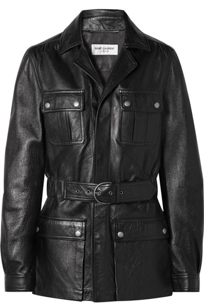 Shop Saint Laurent Belted Leather Jacket In Black