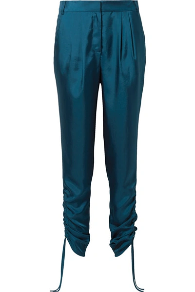 Shop Tibi Mendini Ruched Satin-twill Tapered Pants In Teal