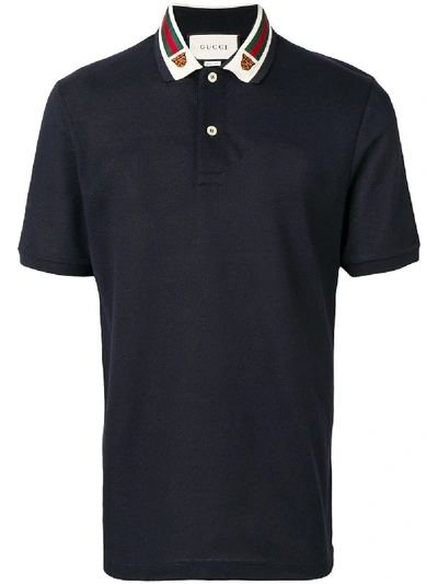 Shop Gucci Web And Feline Head Polo Shirt - Blue