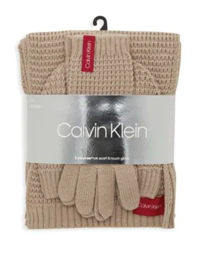Calvin Klein 3-piece Waffle Knit Hat Scarf & Touch Glove Set In Heathered  Grey | ModeSens