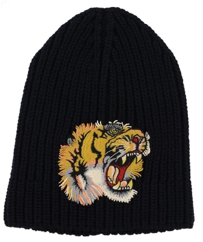 Shop Gucci Tiger Detail Beanie In Navy