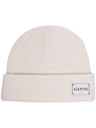 Shop Ganni White Knitted Ribbed Wool Blend Beanie
