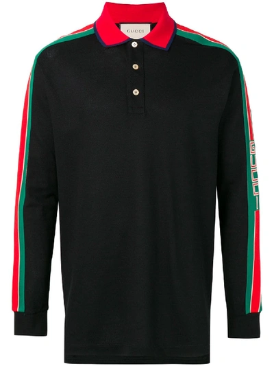 Shop Gucci Logo Stripe Polo Shirt - Black