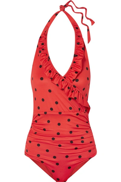 Shop Ganni Polka-dot Halterneck Swimsuit In Red