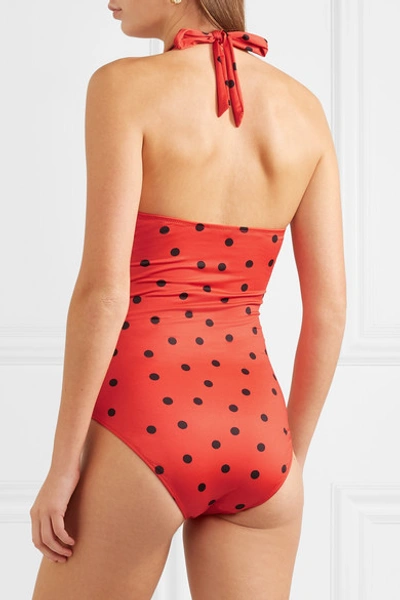 Shop Ganni Polka-dot Halterneck Swimsuit In Red