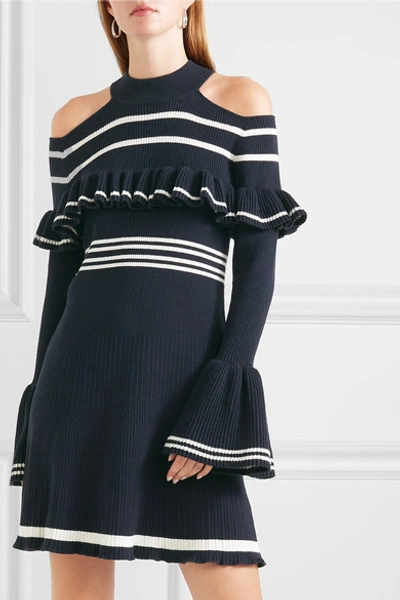 Shop Self-portrait Cold-shoulder Ruffled Striped Ribbed-knit Mini Dress In Navy