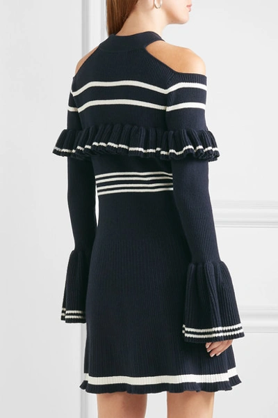 Shop Self-portrait Cold-shoulder Ruffled Striped Ribbed-knit Mini Dress In Navy
