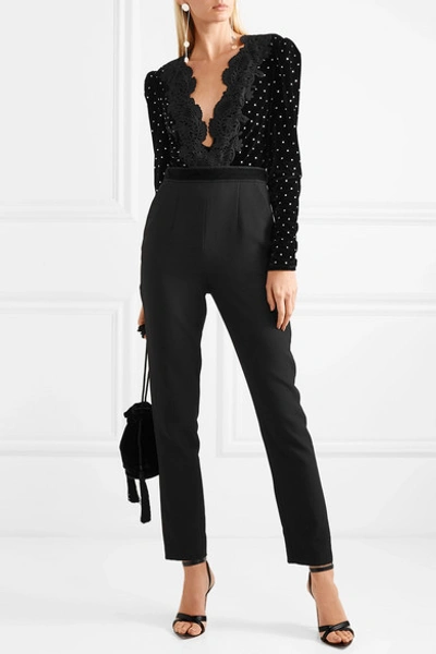 Shop Self-portrait Guipure Lace-trimmed Embellished Velvet And Crepe Jumpsuit In Black