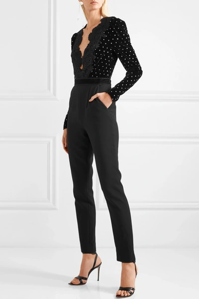 Shop Self-portrait Guipure Lace-trimmed Embellished Velvet And Crepe Jumpsuit In Black