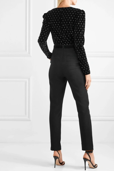 Shop Self-portrait Guipure Lace-trimmed Embellished Velvet And Crepe Jumpsuit In Black