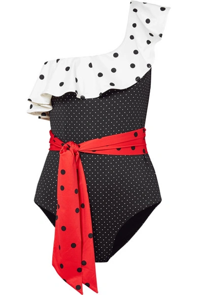 Shop Ganni One-shoulder Ruffled Polka-dot Swimsuit In Black