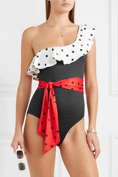 Shop Ganni One-shoulder Ruffled Polka-dot Swimsuit In Black