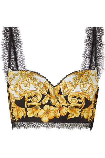 Shop Versace Lace-trimmed Printed Silk-twill Bustier Top In Black