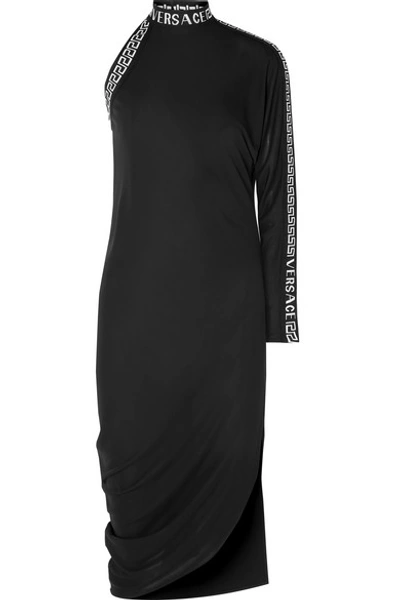Shop Versace One-sleeve Intarsia Jersey Midi Dress In Black