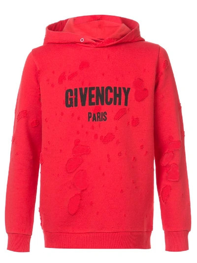 Givenchy Distressed Logo Print Hoodie - Red | ModeSens