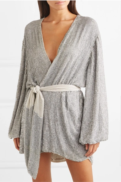 Shop Retroféte Gabrielle Velvet-trimmed Sequined Chiffon Mini Wrap Dress In Silver