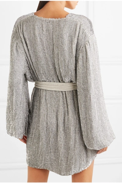 Shop Retroféte Gabrielle Velvet-trimmed Sequined Chiffon Mini Wrap Dress In Silver