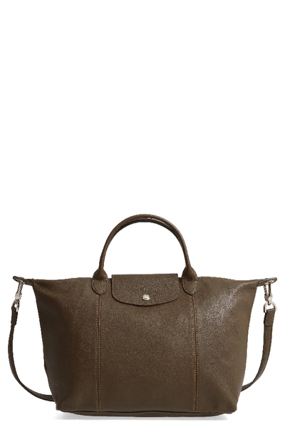 Shop Longchamp Medium 'le Pliage Cuir' Leather Top Handle Tote - Green In Khaki