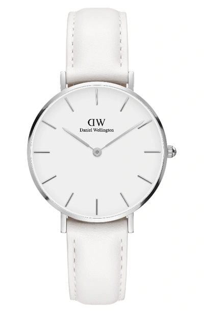 Shop Daniel Wellington Classic Petite Leather Strap Watch, 32mm In White/ Silver