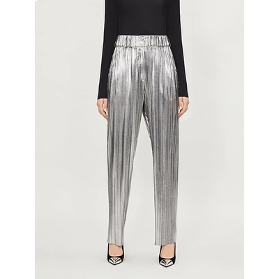 Shop Balmain High-rise Wide-leg Lamé-pleated Trousers In Dark Silver