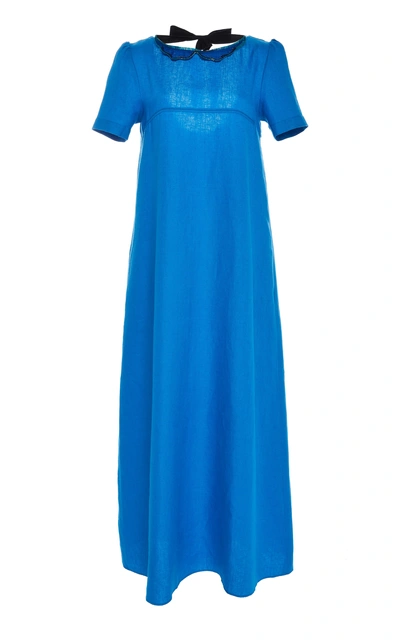 Shop Chador Stella B Linen Maxi Dress With Peter Pan Collar In Blue