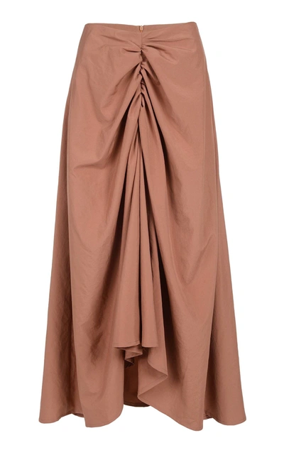 Shop Amal Al Mulla Ruched Taffeta Maxi Skirt In Brown
