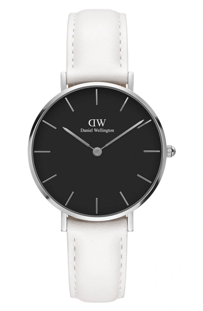 Shop Daniel Wellington Classic Petite Leather Strap Watch, 32mm In White/ Black/ Silver
