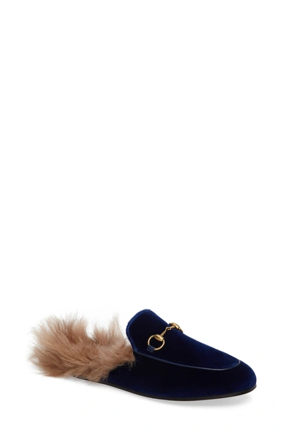 Shop Gucci Princetown Genuine Shearling Mule Loafer In Navy Velvet