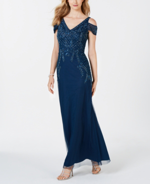 adrianna papell cold shoulder beaded gown