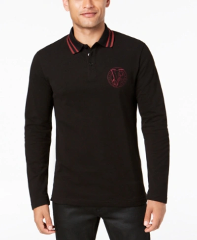 Shop Versace Men's Long-sleeve Logo Polo In Black