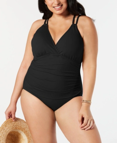 Shop La Blanca Plus Size Solid Surplice One-piece Swimsuit Women's Swimsuit In Black