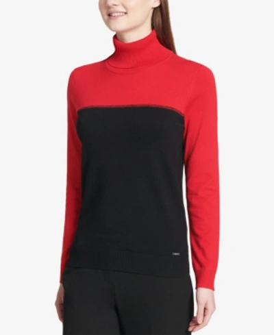 Shop Calvin Klein Colorblock Turtleneck Sweater In Rouge/black