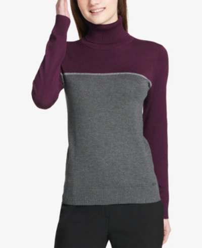 Shop Calvin Klein Colorblock Turtleneck Sweater In Auburgine/heather Grey