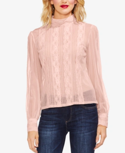 Shop Vince Camuto Mock-neck Mesh & Lace Blouse In Rose Buff