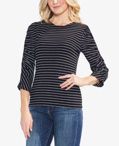 Shop Vince Camuto Ruched-sleeve Striped Top In Rich Black