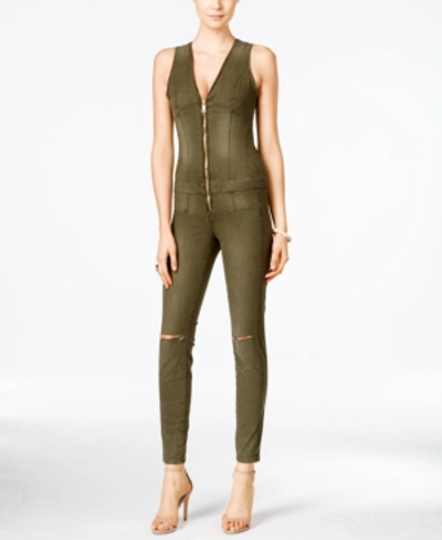 Shop Guess Maxine Ripped Zip-up Denim Jumpsuit In Forest Green