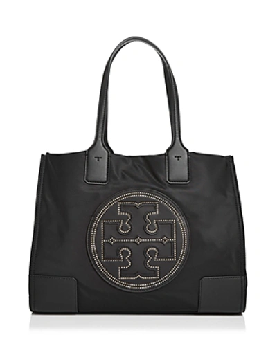 Shop Tory Burch Ella Mini Stud Nylon & Leather Tote In Black/gold