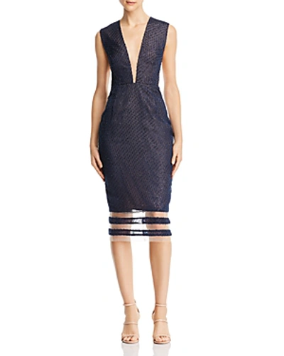Shop Sau Lee Kendall Plunging Illusion Dress In Navy