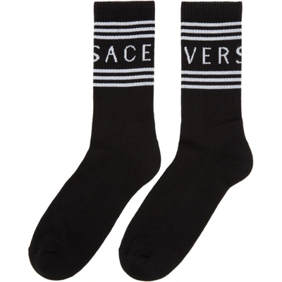 Shop Versace Black Striped Logo Socks In I464 Black