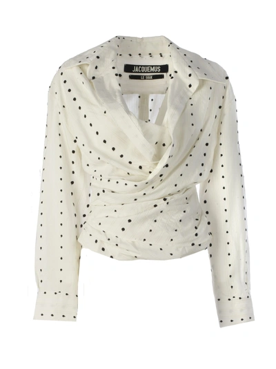 Shop Jacquemus Polka-dot Ruched Blouse In Black Polka Dots